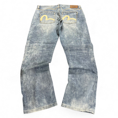 TWC Vintage Evisu KC Straight Jeans in verwaschenem Blau mit ikonischem gelbem Seagull-Logo auf den Gesäßtaschen