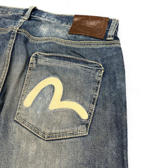 TWC Vintage Evisu KC Straight Jeans in verwaschenem Blau mit ikonischem weißem Möwen-Logo auf der Gesäßtasche