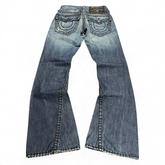 TWC Vintage True Religion Joey Super T Bootcut Jeans in blauem Denim mit markanten Nähten und Gesäßtaschen