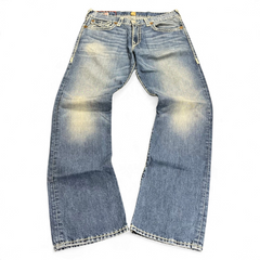 TWC Vintage True Religion Ricky Super T Jeans in blau mit markanten hellen Kontrastnähten und geradem Schnitt