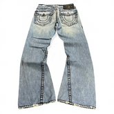 TWC Vintage True Religion Joey Super T Bootcut Jeans in hellblauem Denim mit markanten Kontrastnähten