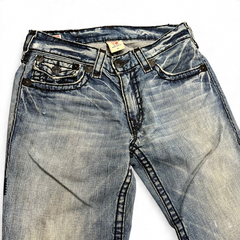 TWC Vintage True Religion Joey Super T Bootcut Jeans in verwaschenem Blau mit markanten Kontrastnähten