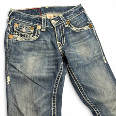 TWC Vintage True Religion Billy Super T Bootcut Jeans in blau mit markanten hellen Kontrastnähten