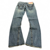 TWC Vintage True Religion Joey Super T Damen Bootcut Jeans in blau mit markanten Kontrastnähten und Gesäßtaschen