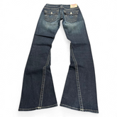 TWC Vintage Damen True Religion Joey Bootcut Jeans in Dunkelblau mit markanten Kontrastnähten, Rückansicht