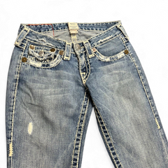 TWC Vintage True Religion Joey Super T Damen Bootcut Jeans in blauem Denim mit markanten hellen Kontrastnähten