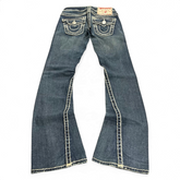 TWC Vintage Damen True Religion Joey Super T Bootcut Jeans in Dunkelblau mit markanten hellen Kontrastnähten