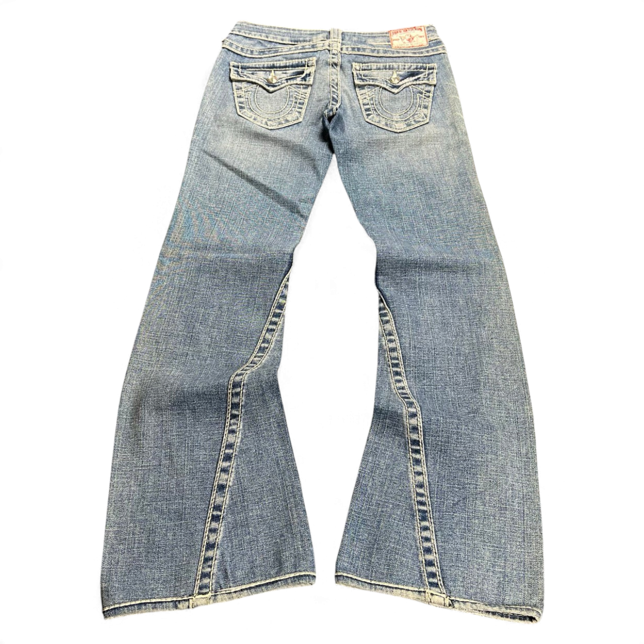 TWC Vintage Damen True Religion Disco Joey Big T Bootcut Jeans in Blau mit markanten Ziernähten und Gesäßtaschen