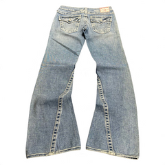 TWC Vintage Damen True Religion Disco Joey Big T Bootcut Jeans in Blau mit markanten Ziernähten und Gesäßtaschen