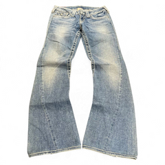 TWC Vintage Damen True Religion Disco Joey Big T Bootcut Jeans in verwaschenem Blau mit markanten Kontrastnähten
