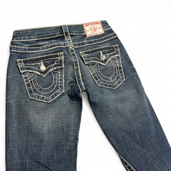 TWC Vintage Damen True Religion Disco Joey Big T Bootcut Jeans in Blau mit markanten Kontrastnähten und Gesäßtaschen