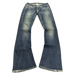 TWC Vintage True Religion Disco Joey Big T Bootcut Jeans in blau mit markanten Kontrastnähten und ausgestelltem Bein