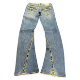 TWC Vintage True Religion Damen Bootcut Jeans in Blau mit markanten gelben Kontrastnähten und Gesäßtaschen