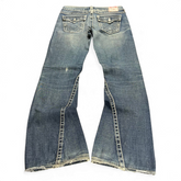 TWC Vintage True Religion Disco Joey Big T Bootcut Jeans in blau mit markanten Kontrastnähten und ausgefranstem Saum