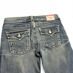 TWC Vintage True Religion Disco Joey Big T Bootcut Jeans in blau mit markanten Kontrastnähten und Gesäßtaschen