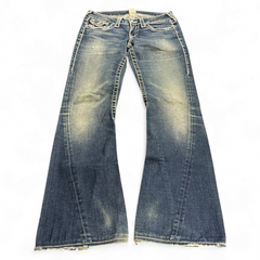 TWC Vintage True Religion Disco Joey Big T Bootcut Jeans in blau mit markanten Kontrastnähten und Vintage-Waschung
