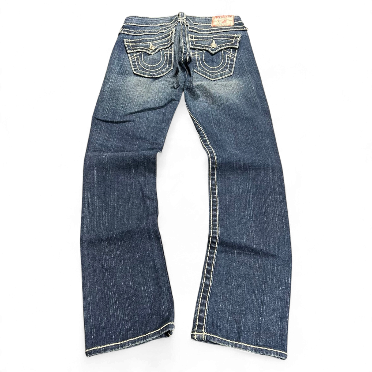 TWC Vintage True Religion Disco Billy Big T Damenjeans in Dunkelblau mit markanten Kontrastnähten und Gesäßtaschen