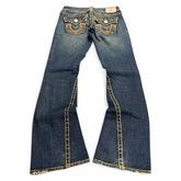 TWC Vintage Damen True Religion Rainbow Joey Bootcut Jeans in Dunkelblau mit markanten Kontrastnähten
