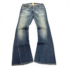 TWC Vintage True Religion Disco Joey Big T Bootcut Jeans in blau mit markanten Kontrastnähten und Vintage-Waschung