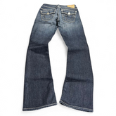 TWC Vintage Damen True Religion Becky Bootcut Jeans in Dunkelblau mit markanten Gesäßtaschen und Kontrastnähten