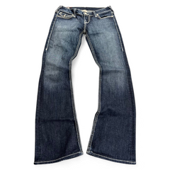 TWC Vintage Damen True Religion Becky Bootcut Jeans in dunkelblauem Denim mit markanten hellen Kontrastnähten