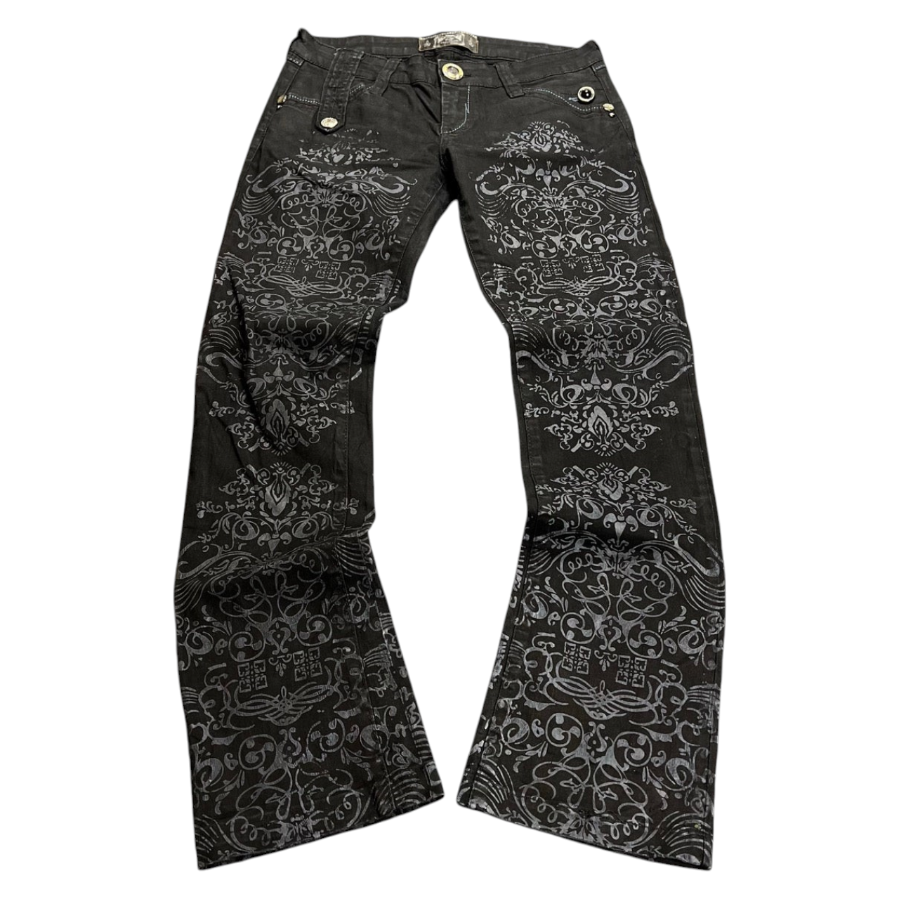 TWC Vintage Damen Anastasia Y2K Bootcut-Jeans in Schwarz mit aufwendigem floralem Ornament-Print