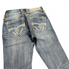 TWC Vintage Damen Rock Revival Bootcut Jeans in Blau mit aufwendigen Stickereien auf den Gesäßtaschen