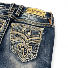 TWC Vintage Damen Rock Revival Bootcut Jeans in Blau mit aufwendig bestickten Gesäßtaschen und Strasssteinen
