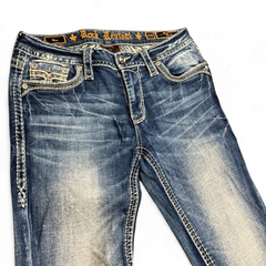 TWC Vintage Damen Rock Revival Bootcut Jeans in Blau mit markanten Ziernähten und Used-Look Waschung