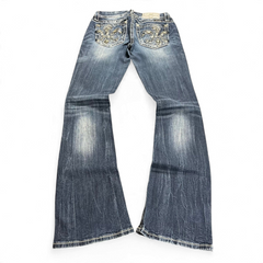 TWC Vintage Miss Me Damen Bootcut Jeans in Blau mit aufwendig verzierten Gesäßtaschen und Used-Look