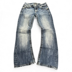 TWC Vintage Damen Miss Me Bootcut Jeans in verwaschenem Blau mit Used-Look und Ziernähten