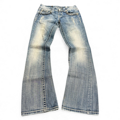 TWC Vintage Damen Miss Me Bootcut Jeans in verwaschenem Blau mit Distressed-Details und Ziernähten