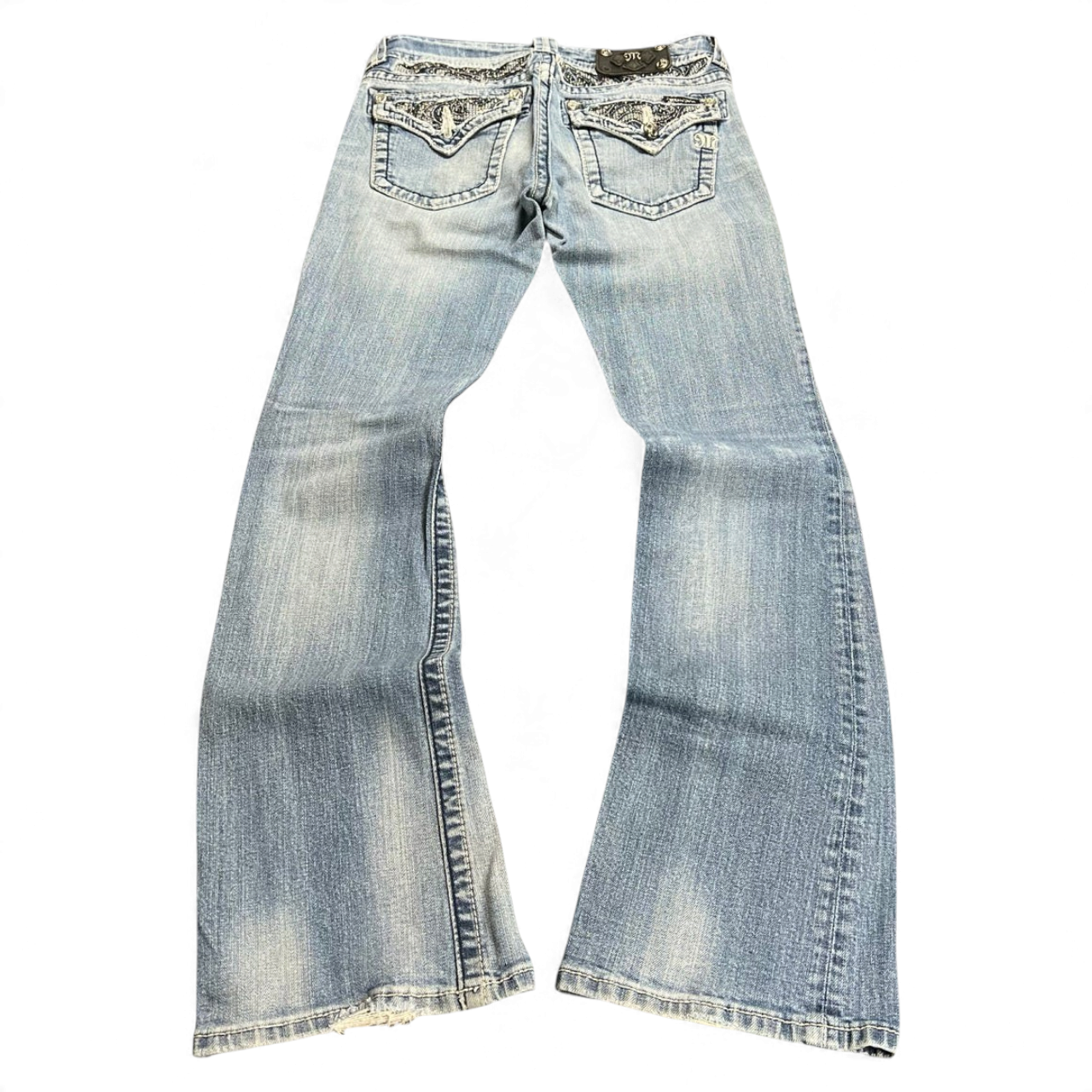 TWC Vintage Damen Miss Me Bootcut Jeans in Hellblau mit verzierten Gesäßtaschen und Used-Look