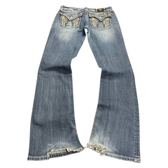 TWC Vintage Damen Miss Me Bootcut Jeans in Blau mit verzierten Gesäßtaschen und ausgefransten Säumen