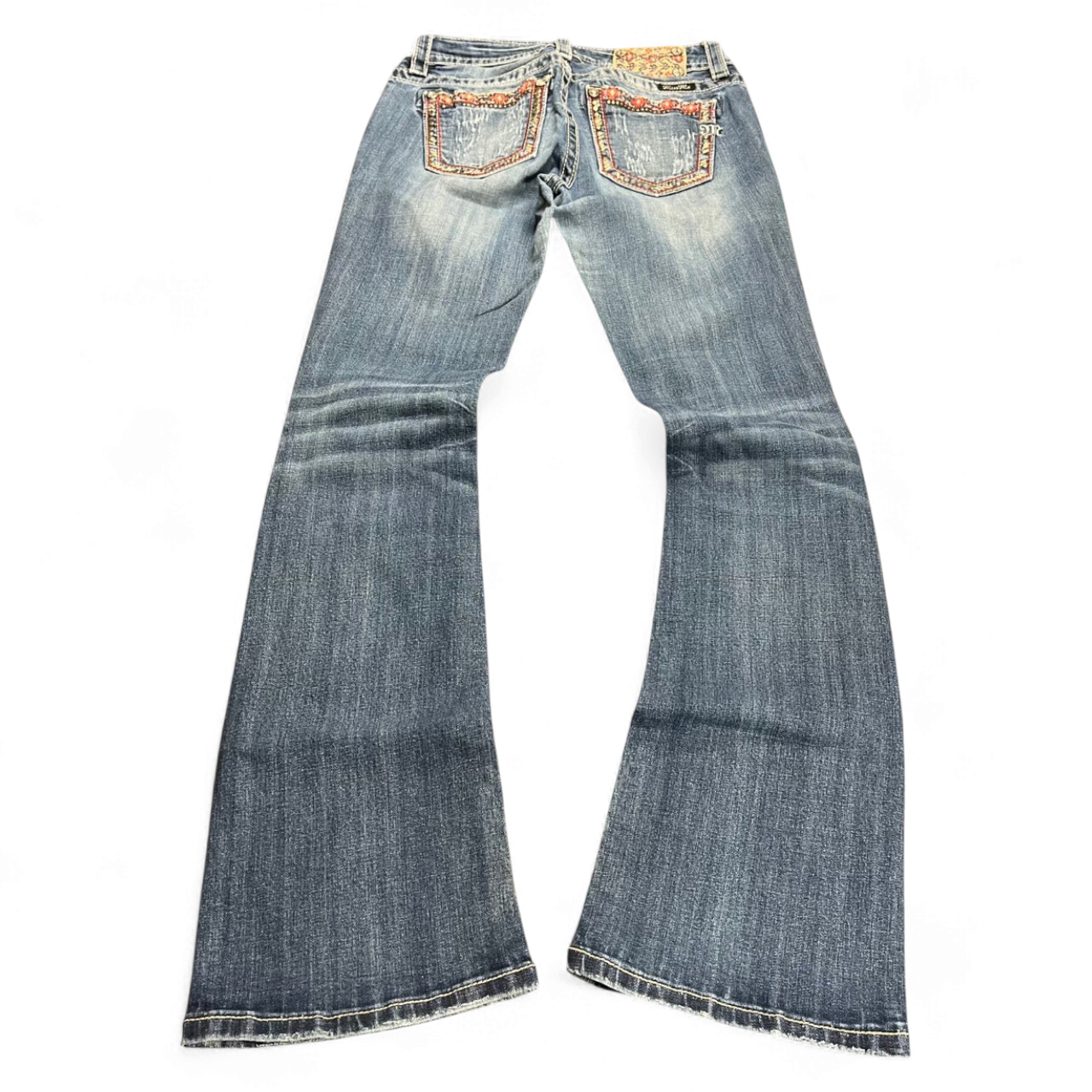 TWC Vintage Damen Miss Me Bootcut Jeans in Blau mit verzierten Gesäßtaschen und Used-Look