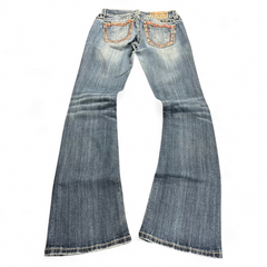 TWC Vintage Damen Miss Me Bootcut Jeans in Blau mit verzierten Gesäßtaschen und Used-Look