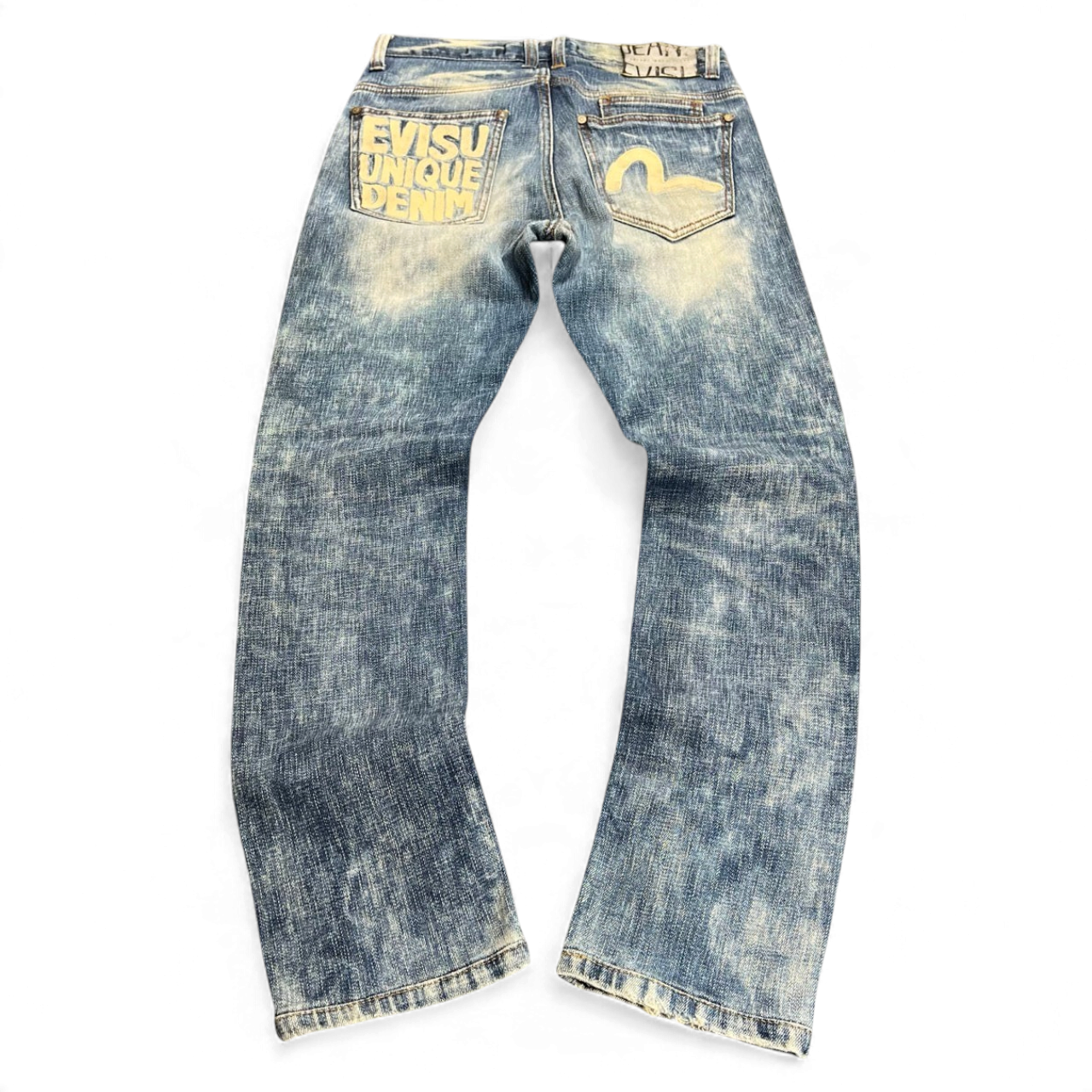 TWC Vintage Damen Evisu Slim Jeans in verwaschenem Blau mit markantem Logo-Print auf den Gesäßtaschen