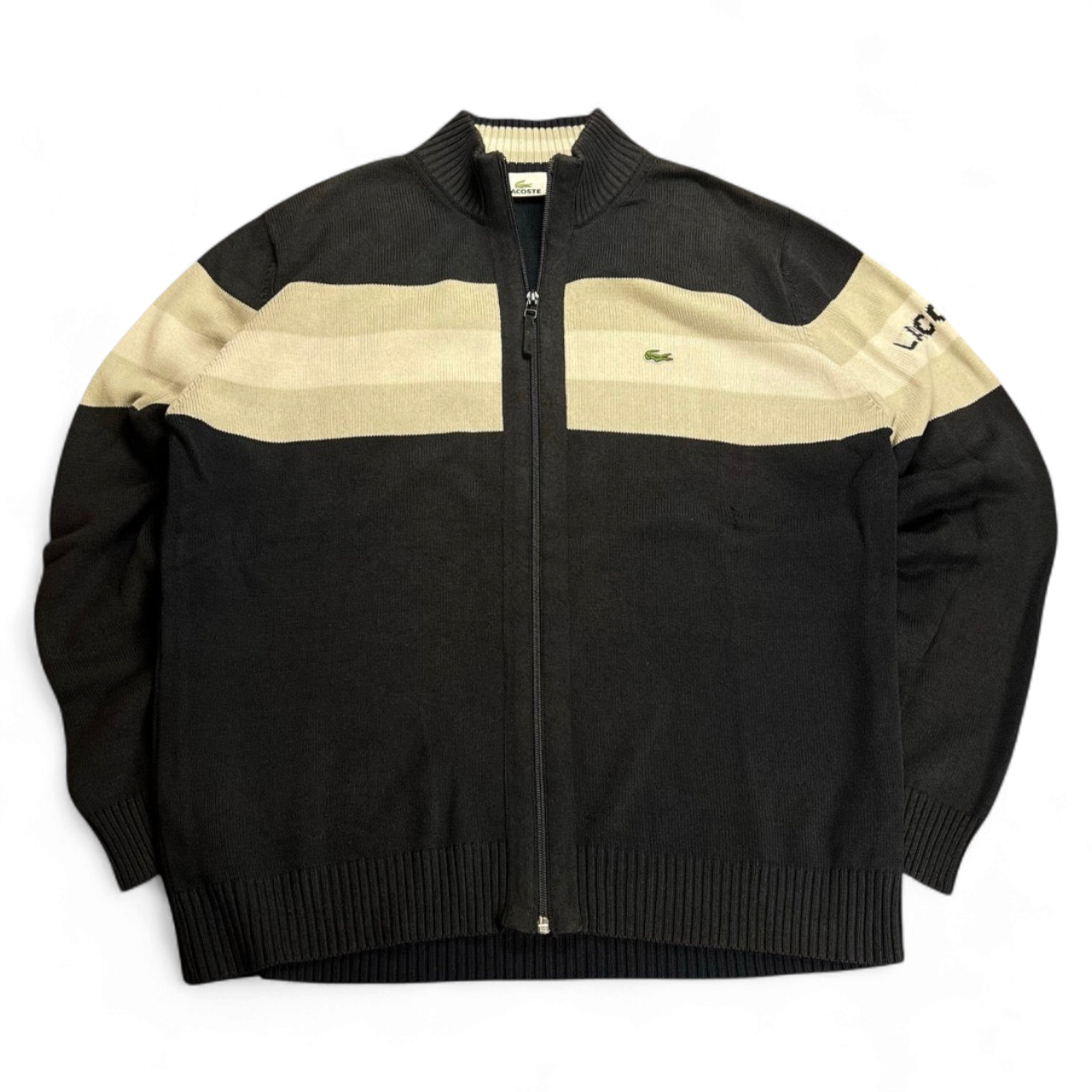 TWC Vintage Lacoste Strickjacke mit Reißverschluss in Schwarz und Beige mit gesticktem Logo und Ärmelschriftzug