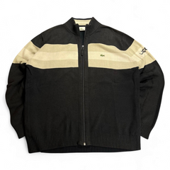 TWC Vintage Lacoste Strickjacke mit Reißverschluss in Schwarz und Beige mit gesticktem Logo und Ärmelschriftzug