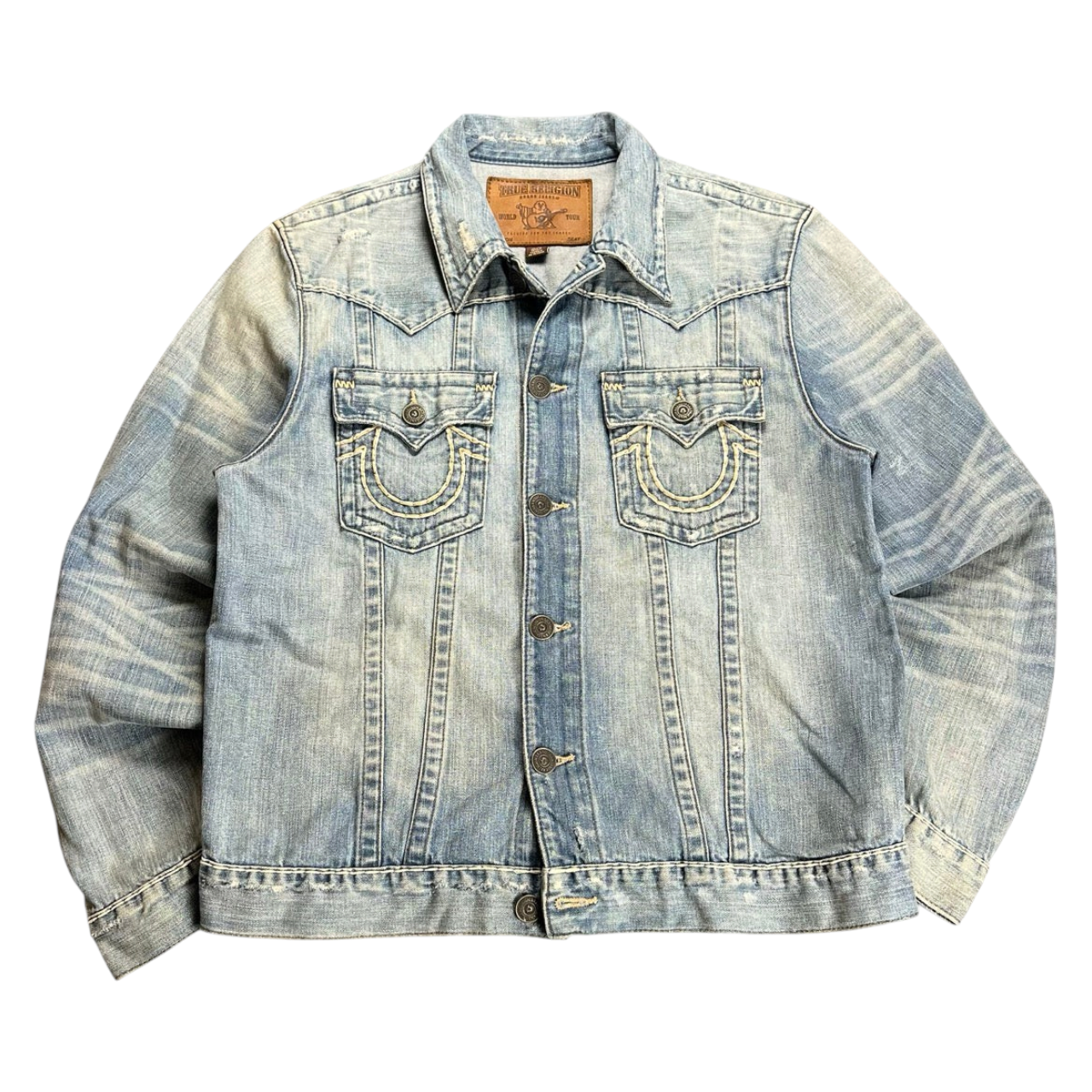TWC Vintage True Religion x Harley Davidson Jeansjacke aus blauem Denim mit Vintage-Waschung und Knopfleiste