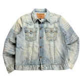 TWC Vintage True Religion x Harley Davidson Jeansjacke aus blauem Denim mit Vintage-Waschung und Knopfleiste