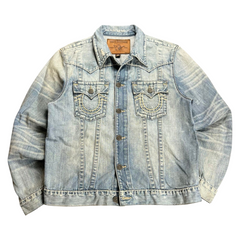 TWC Vintage True Religion x Harley Davidson Jeansjacke aus blauem Denim mit Vintage-Waschung und Knopfleiste