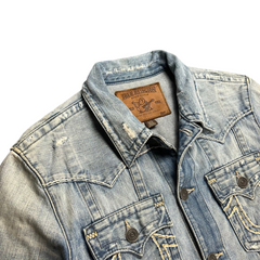 TWC Vintage True Religion x Harley Davidson Jeansjacke aus blauem Denim mit Distressed-Details und Markenlogo-Label
