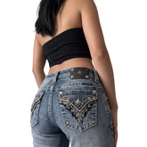 TWC Vintage Miss Me Damenjeans in Blau mit verzierten Gesäßtaschen und Lederpatch