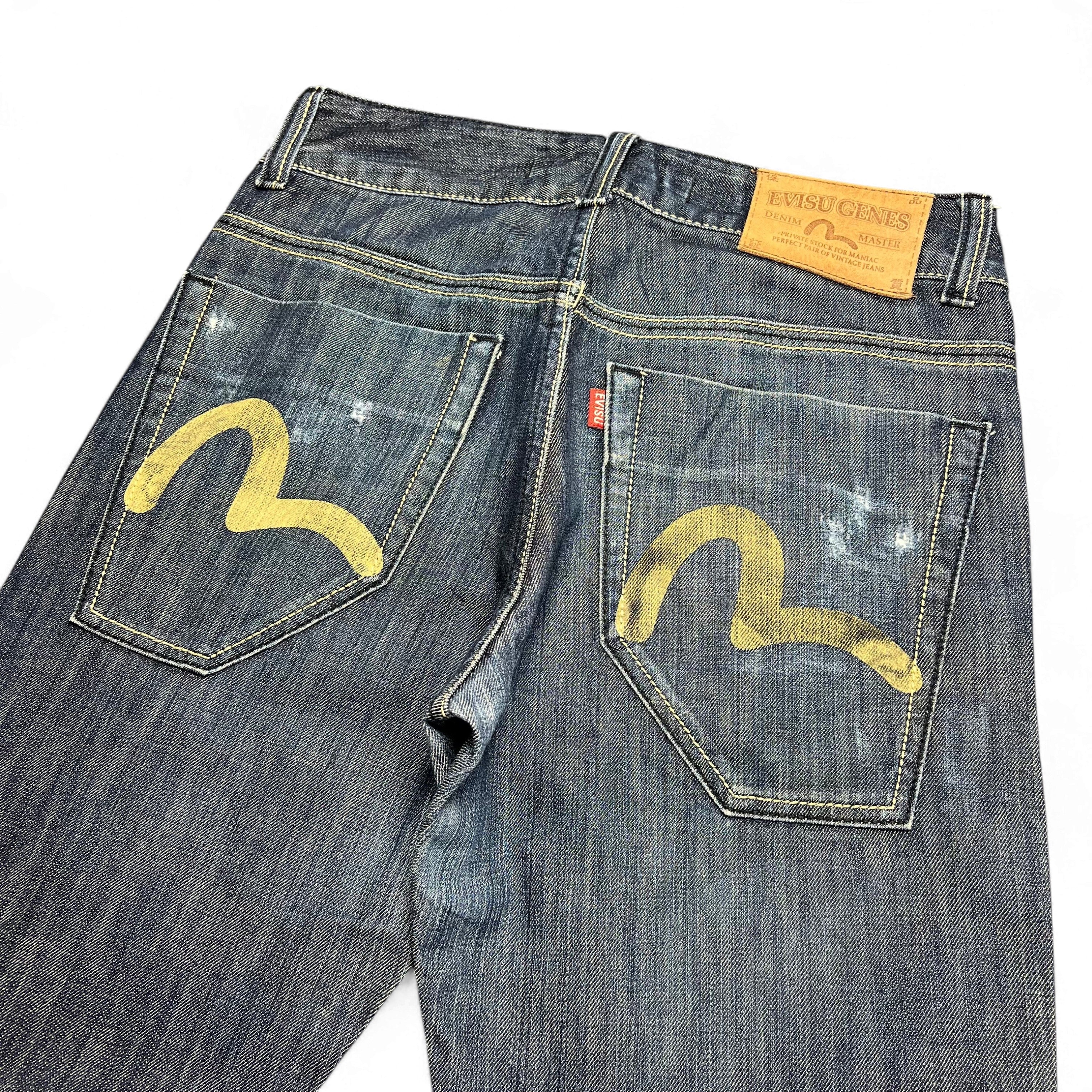 TWC Vintage Evisu Jeans aus dunkelblauem Denim mit gelben handgemalten Seagull-Logos auf den Gesäßtaschen