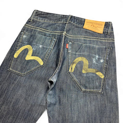 TWC Vintage Evisu Jeans aus dunkelblauem Denim mit gelben handgemalten Seagull-Logos auf den Gesäßtaschen
