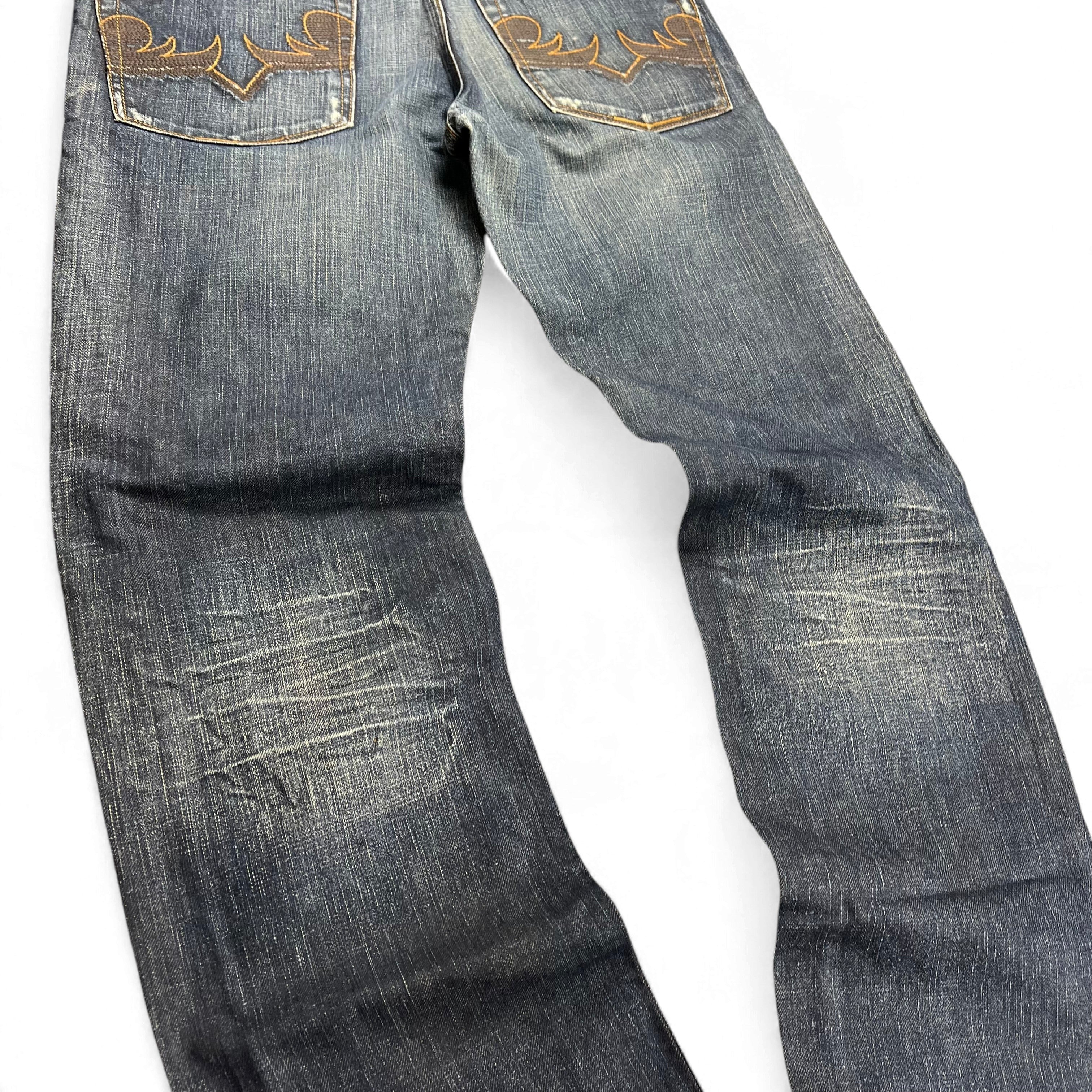 TWC Vintage Diesel Yarik Straight Jeans in blauem Denim mit auffälliger brauner Stickerei auf den Gesäßtaschen