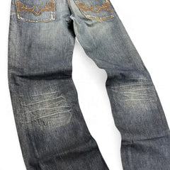 TWC Vintage Diesel Yarik Straight Jeans in blauem Denim mit auffälliger brauner Stickerei auf den Gesäßtaschen
