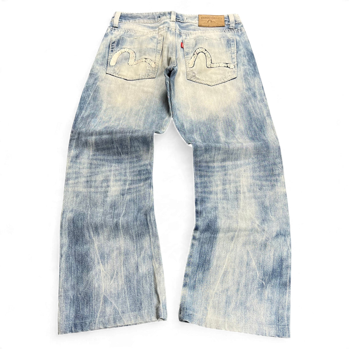 TWC Vintage Evisu KC Baggy Jeans in hellblauem Denim mit ikonischem weißem Möwen-Print auf den Gesäßtaschen