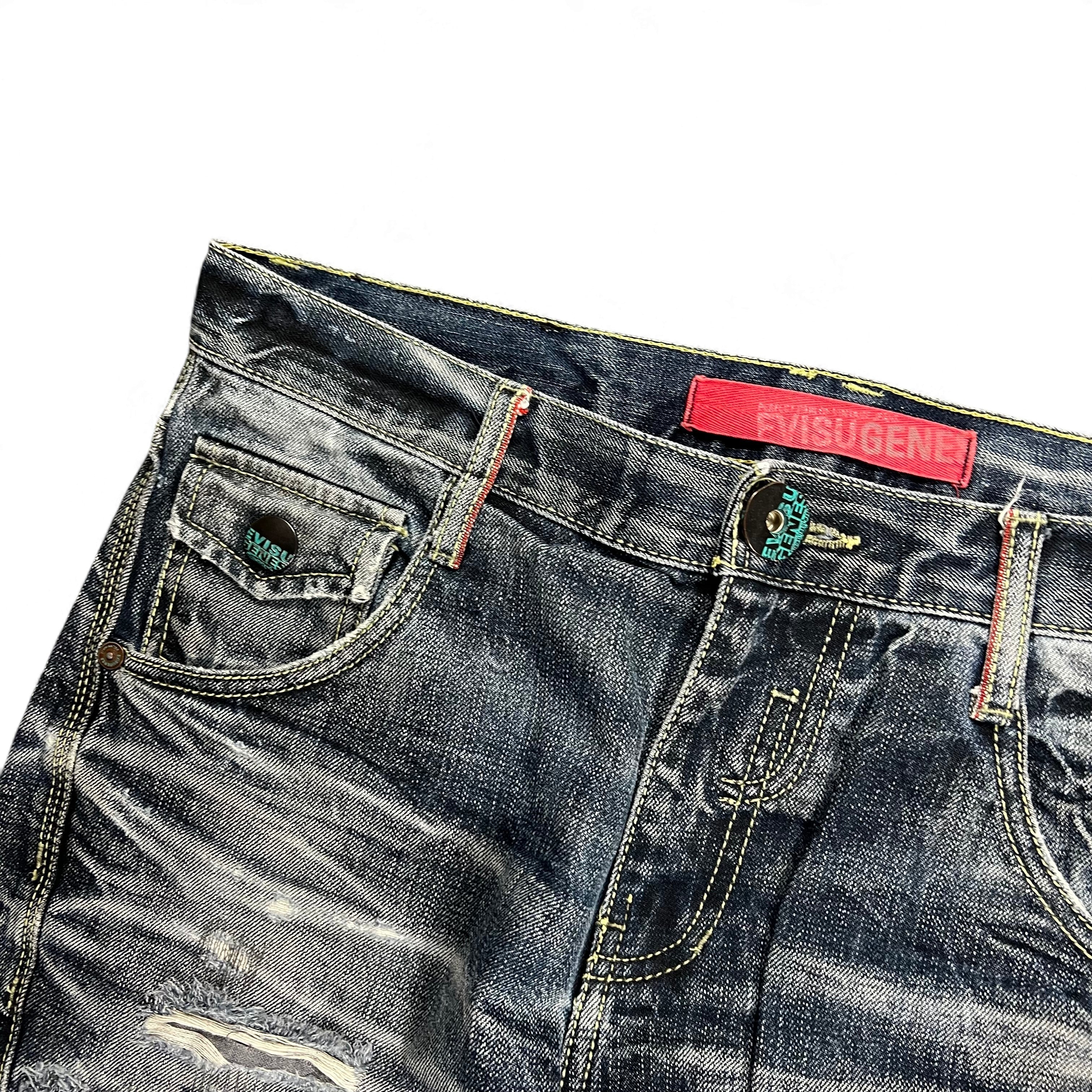 TWC Vintage Evisu KC Baggy Jeans in verwaschenem Dunkelblau mit rotem Label und markanten Knöpfen